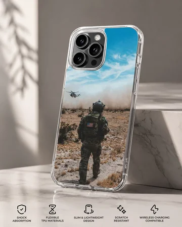 Army design showcasing heroic scene with soldier and helicopter on phone case. — Specs
