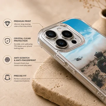Army design showcasing heroic scene with soldier and helicopter on phone case. — Info