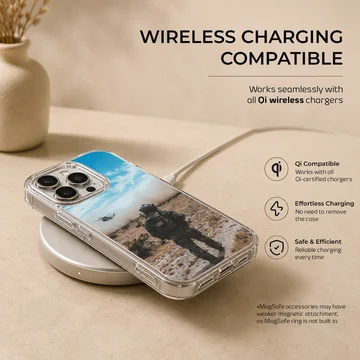 Army design showcasing heroic scene with soldier and helicopter on phone case. — Charging