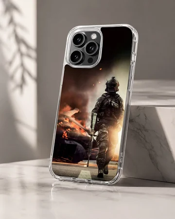 Army-themed phone case featuring soldier in action scene — Hero