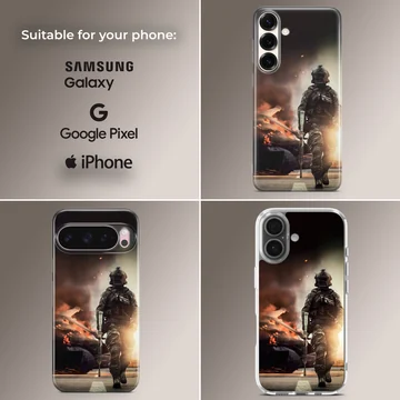 Army-themed phone case featuring soldier in action scene — Collage