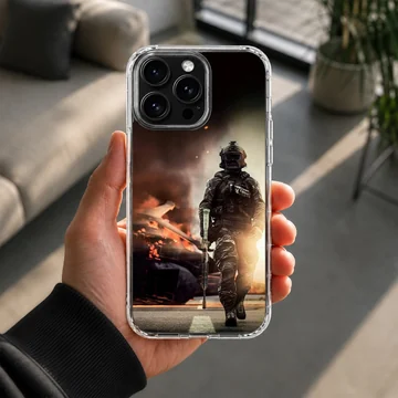 Army-themed phone case featuring soldier in action scene — Lifestyle