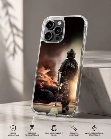 Army-themed phone case featuring soldier in action scene — Specs