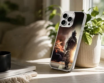 Army-themed phone case featuring soldier in action scene — Lifestyle