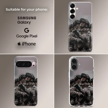 Army soldier in uniform with gear printed on phone case — Collage