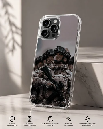 Army soldier in uniform with gear printed on phone case — Specs