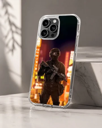 Army-themed phone case featuring urban night scene. — Hero