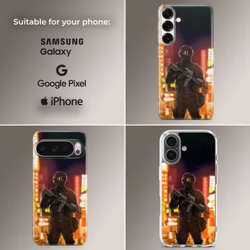 Army-themed phone case featuring urban night scene. — Collage