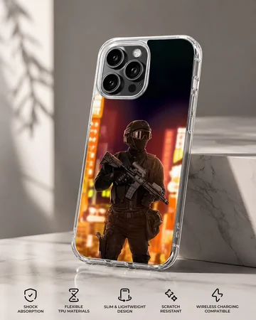 Army-themed phone case featuring urban night scene. — Specs