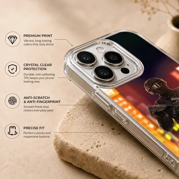 Army-themed phone case featuring urban night scene. — Info