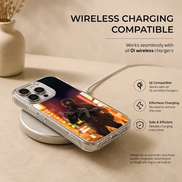 Army-themed phone case featuring urban night scene. — Charging