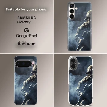 Dynamic military design with soldier on phone case — Collage