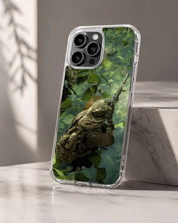 Dynamic forest scene with army silhouette on phone case — Hero