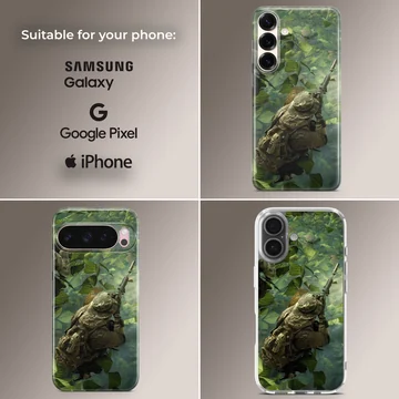 Dynamic forest scene with army silhouette on phone case — Collage
