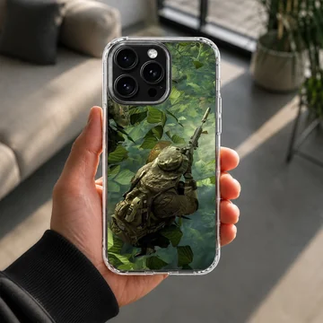 Dynamic forest scene with army silhouette on phone case — Lifestyle