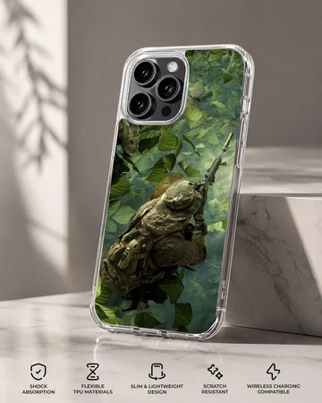 Dynamic forest scene with army silhouette on phone case — Specs