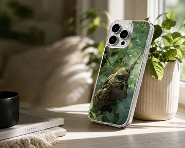 Dynamic forest scene with army silhouette on phone case — Lifestyle