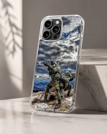 Military action scene with soldiers in camouflage on phone case — Hero