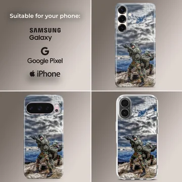 Military action scene with soldiers in camouflage on phone case — Collage