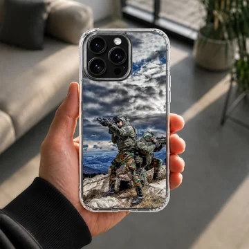 Military action scene with soldiers in camouflage on phone case — Lifestyle