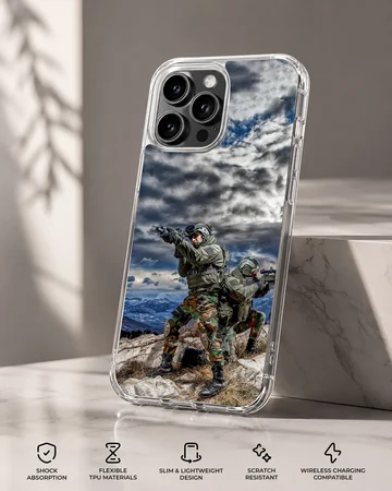 Military action scene with soldiers in camouflage on phone case — Specs