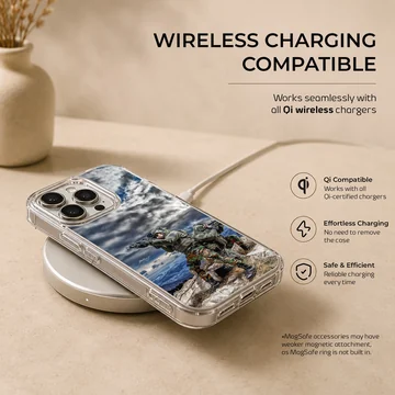 Military action scene with soldiers in camouflage on phone case — Charging