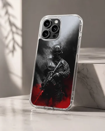 Digital illustration of an army trooper in dynamic colors on phone case — Hero