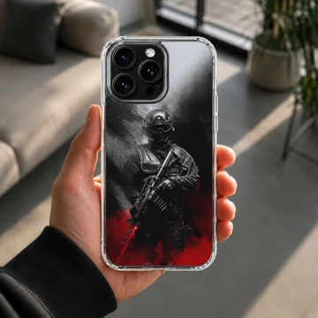 Digital illustration of an army trooper in dynamic colors on phone case — Lifestyle