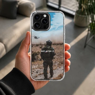 Military scene with soldier and helicopter, Army703 phone case — Lifestyle