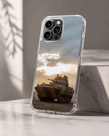 Dynamic Army tank scene phone case in an adventurous setting. — Hero