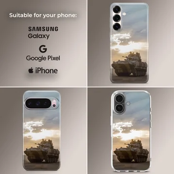 Dynamic Army tank scene phone case in an adventurous setting. — Collage