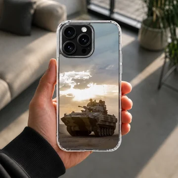Dynamic Army tank scene phone case in an adventurous setting. — Lifestyle