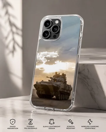 Dynamic Army tank scene phone case in an adventurous setting. — Specs