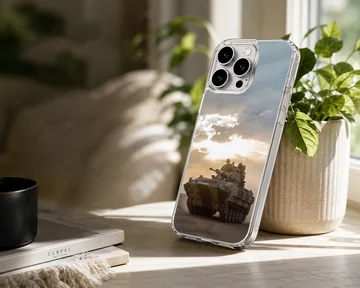 Dynamic Army tank scene phone case in an adventurous setting. — Lifestyle