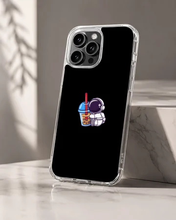 Playful astronaut design with a drink on black background, phone case. — Hero