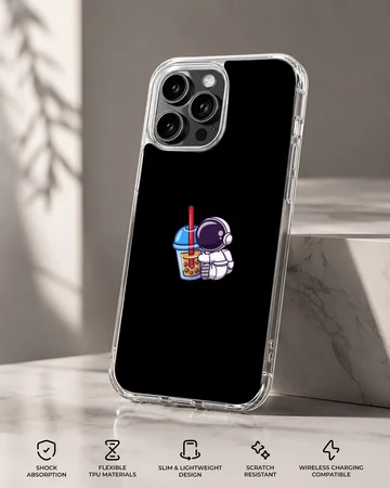 Playful astronaut design with a drink on black background, phone case. — Specs