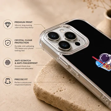 Playful astronaut design with a drink on black background, phone case. — Info