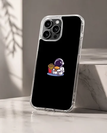 Astronaut enjoying snacks in space design on black phone case — Hero