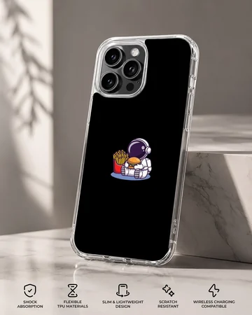 Astronaut enjoying snacks in space design on black phone case — Specs