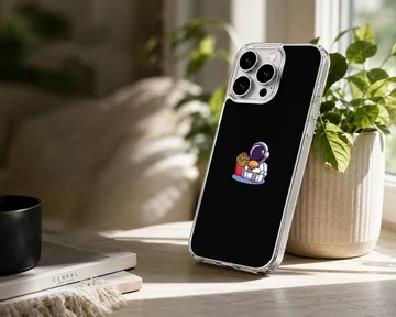 Astronaut enjoying snacks in space design on black phone case — Lifestyle