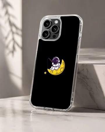 Astronaut sitting on a crescent moon, digital illustration phone case — Hero