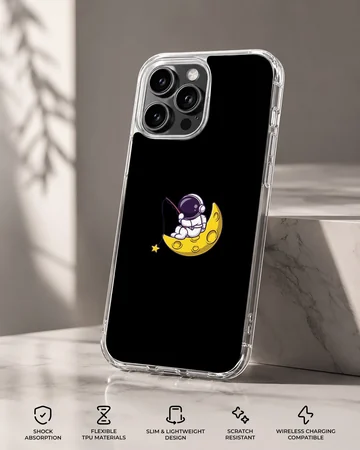 Astronaut sitting on a crescent moon, digital illustration phone case — Specs
