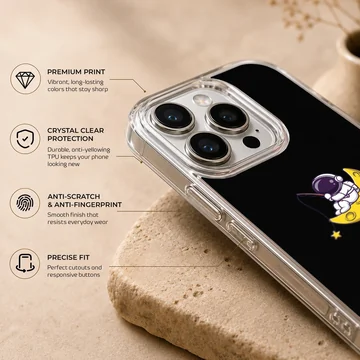 Astronaut sitting on a crescent moon, digital illustration phone case — Info