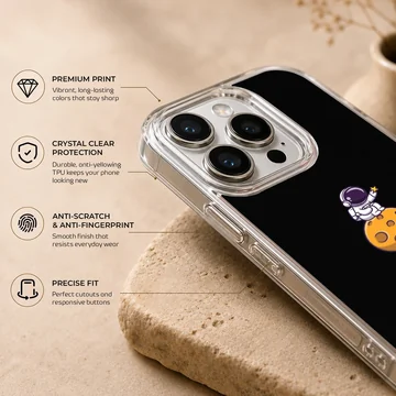 Astronaut on a moon with a star, black background phone case — Info