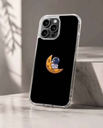 Astronaut on a crescent moon against black background phone case — Hero
