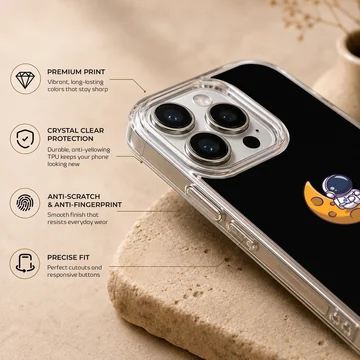 Astronaut on a crescent moon against black background phone case — Info
