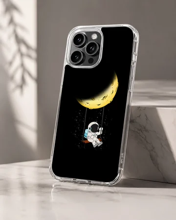Astronaut swinging from crescent moon on phone case — Hero