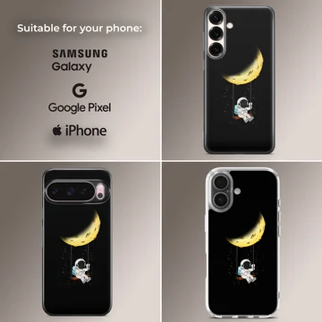 Astronaut swinging from crescent moon on phone case — Collage