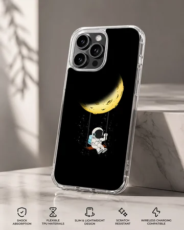 Astronaut swinging from crescent moon on phone case — Specs