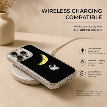 Astronaut swinging from crescent moon on phone case — Charging